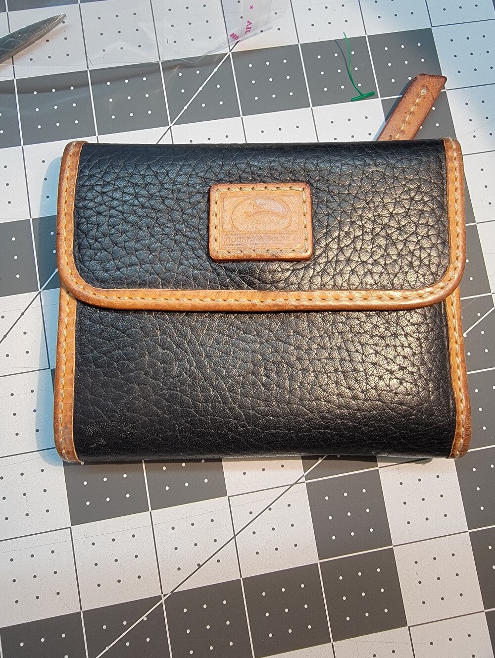 Vintage '90s Dooney & Bourke Black Pebbled Leather Wallet w/ Brown Leather Trim
